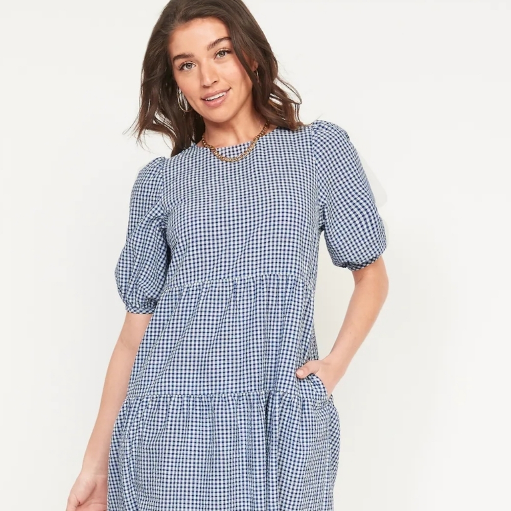 Tiered Puff-Sleeve Midi Swing Dress for Women